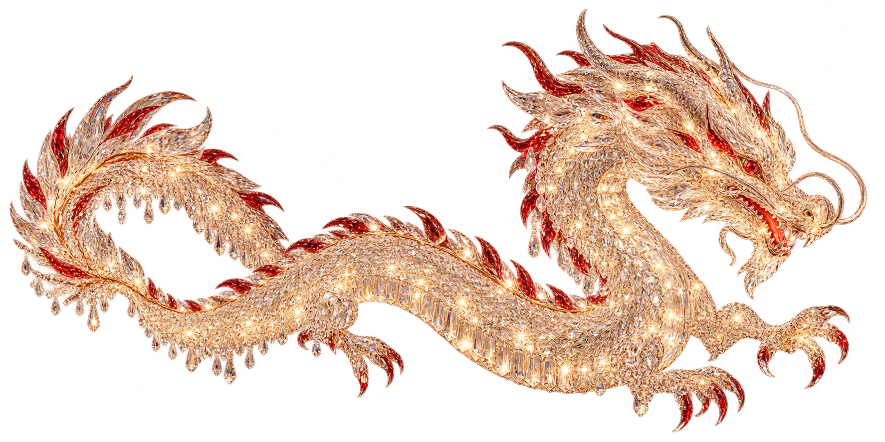 An original serpentine dragon sculpture formed from thousands of luminous crystal facets